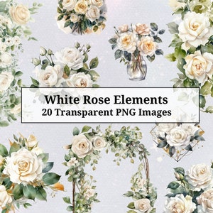 Watercolor White Roses Clipart, Wedding Invitation Clipart, White Floral Clipart, PNG Transparent Clipart, White Flowers, commercial use.