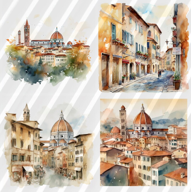K&ouml;nnte beinhalten: Aquarellmalerei einer Stadtlandschaft mit einem gro&szlig;en Kuppelgeb&auml;ude im Zentrum. Die Geb&auml;ude sind in Braun-, Gelb- und Oranget&ouml;nen gemalt. Der Himmel ist hellblau mit wei&szlig;en Wolken.