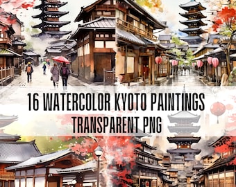 Watercolor Kyoto Japan Clipart: Cherry Blossom & Temple Scenes (PNG Digital Download)