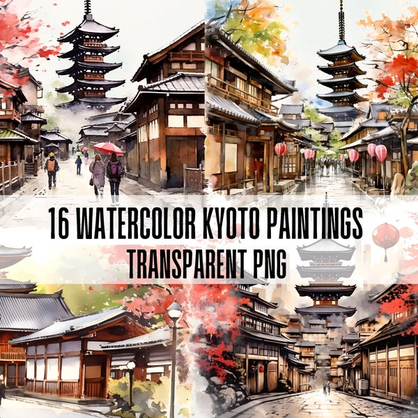 16 Watercolor Kyoto Japan and city scenes. PNG Clipart Bundle. Commercial use. Japanese Cherry Blossom Temple, Houses Prints Transparent