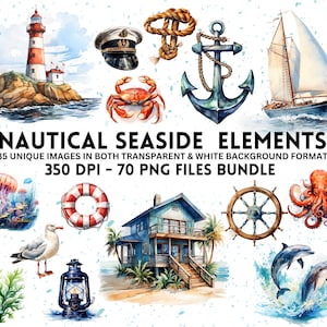 May include: A set of 70 watercolor illustrations of nautical and seaside elements, including a lighthouse, a sailboat, an anchor, a crab, a life preserver, a beach house, a seagull, a lantern, a jellyfish, an octopus, a ship's wheel, and dolphins. The illustrations are in a white background format and are 350 DPI.