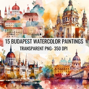 ブダペスト ハンガリー クリップアート 絵画、都市風景、都市クリップアート、水彩画。PNG クリップアート バンドル。商用利用可。15 個のバンドル イラスト