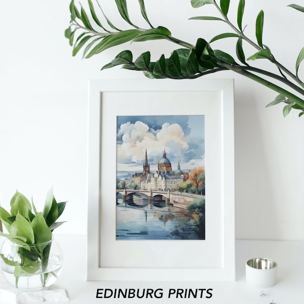 Set of 12 Watercolor Edinburgh Scotland Prints, 350 DPI digital download, Bridges, rivers, cathedrals, castles, cloudy sky, European.