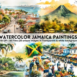 Aquarel Jamaica clipart png bundel, tropisch eiland, Caribische reizen, Jamaicaanse kunst, Kingston. Grafische afbeeldingen voor commercieel gebruik.