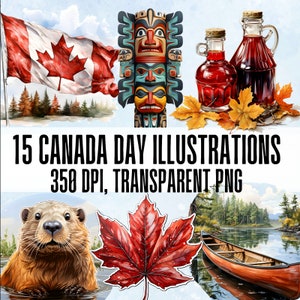 Diverse clipart-illustraties Canada Day. Canadese clipartbundel. Natuurillustraties. Hockey, dieren, bos, kano, png-afbeeldingenset.
