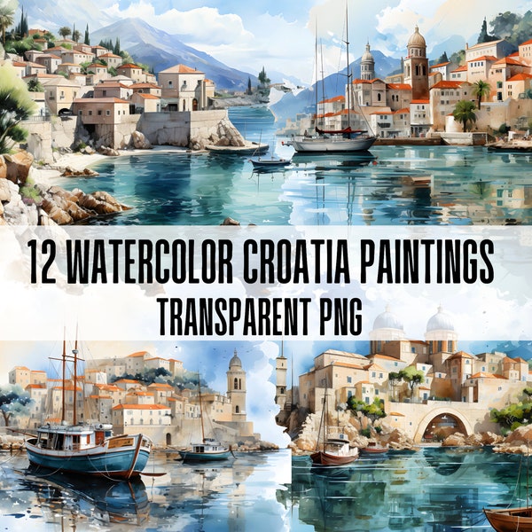 Mediterranean Landscape Printable Clipart Bundle. Cozy Homes and Ocean view. Mediterranean Scenery, Croatia. Transparent PNG commercial use.