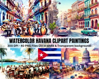 Watercolor Havana Cuba Clipart Bundle, Colorful Cuba Graphics, Carribean Travel (Digital Download)
