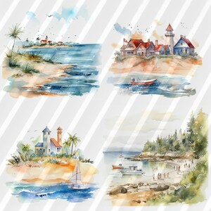 May include: Four watercolor paintings depicting coastal scenes. The first shows a lighthouse on a sandy beach with palm trees and blue water. The second shows a group of houses with a lighthouse on a sandy beach with blue water. The third shows a lighthouse and a house on a sandy beach with blue water. The fourth shows a rocky beach with a forest in the background and a sailboat in the water.