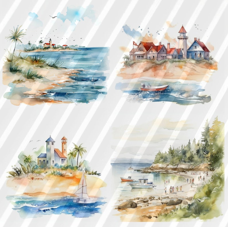 May include: Four watercolor paintings depicting coastal scenes. The first shows a lighthouse on a sandy beach with palm trees and blue water. The second shows a group of houses with a lighthouse on a sandy beach with blue water. The third shows a lighthouse and a house on a sandy beach with blue water. The fourth shows a rocky beach with a forest in the background and a sailboat in the water.