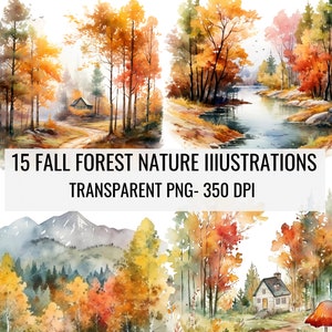 Herfstbos Clipart, herfstbomen, bladeren, meren, bergen, natuur. Gezellige herfstclipart. Commercieel gebruik. Transparante png-bundel van 15 stuks.