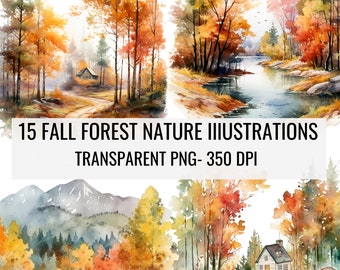 Herbst Wald Aquarell Clipart: Herbst Bäume, Blätter (15 PNG Digital Download)