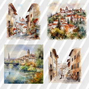 K&ouml;nnte beinhalten: Vier Aquarelle, die verschiedene Szenen einer italienischen Stadt darstellen. Das erste Bild zeigt eine enge Stra&szlig;e mit Geb&auml;uden auf beiden Seiten. Das zweite Bild zeigt eine Stadt auf einem H&uuml;gel mit Geb&auml;uden und B&auml;umen. Das dritte Bild zeigt einen Fluss, der durch eine Stadt mit Geb&auml;uden und B&auml;umen flie&szlig;t. Das vierte Bild zeigt eine enge Stra&szlig;e mit Geb&auml;uden auf beiden Seiten.