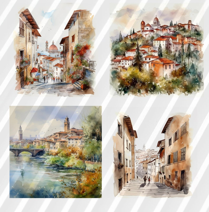 K&ouml;nnte beinhalten: Vier Aquarelle, die verschiedene Szenen einer italienischen Stadt darstellen. Das erste Bild zeigt eine enge Stra&szlig;e mit Geb&auml;uden auf beiden Seiten. Das zweite Bild zeigt eine Stadt auf einem H&uuml;gel mit Geb&auml;uden und B&auml;umen. Das dritte Bild zeigt einen Fluss, der durch eine Stadt mit Geb&auml;uden und B&auml;umen flie&szlig;t. Das vierte Bild zeigt eine enge Stra&szlig;e mit Geb&auml;uden auf beiden Seiten.