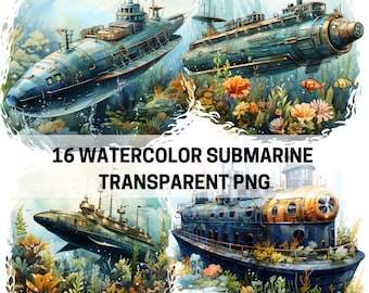 Watercolor Submarine Clipart: Nautical PNG Bundle (Commercial Use)