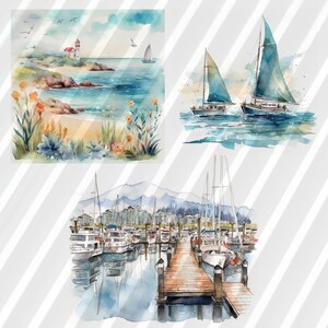 May include: A watercolor painting of a seascape with a lighthouse on a rocky shore, sailboats on the water, and a dock with boats in a harbor.