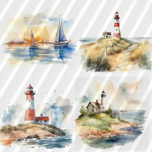 May include: Four watercolor paintings depicting lighthouses and sailboats. The first painting shows two sailboats on the water with a cityscape in the background. The second painting shows a red and white striped lighthouse on a rocky island with a small house nearby. The third painting shows a red and white striped lighthouse on a rocky island with a small house nearby. The fourth painting shows a red and white striped lighthouse on a rocky island with a small house nearby.
