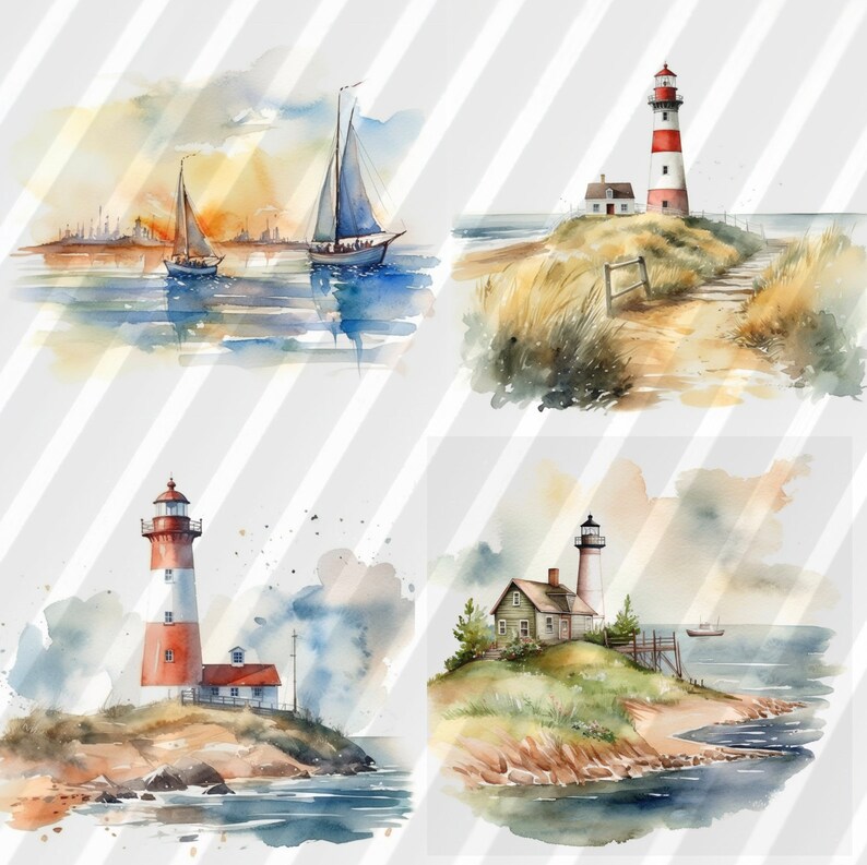 May include: Four watercolor paintings depicting lighthouses and sailboats. The first painting shows two sailboats on the water with a cityscape in the background. The second painting shows a red and white striped lighthouse on a rocky island with a small house nearby. The third painting shows a red and white striped lighthouse on a rocky island with a small house nearby. The fourth painting shows a red and white striped lighthouse on a rocky island with a small house nearby.