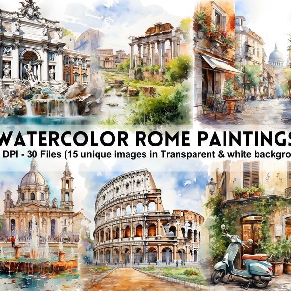 Rome Italy Clipart, Watercolor Printable PNG Illustrations, Italian Landmarks, City Travel Journal, Scrapbook, Commercial Use Graphics