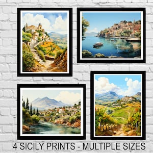 Watercolor Sicily Art Prints Set: Italian Landscape, Ocean, City (Digital Download)