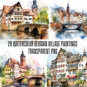 Scene di villaggi europei ad acquerello, case accoglienti, strade, alberi, Bad Kreuznach Germania. Bundle di clipart trasparenti PNG da 20 pezzi. Uso commerciale