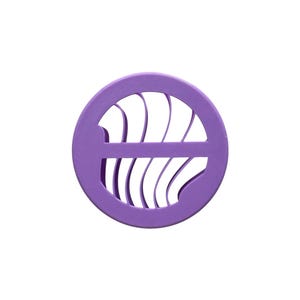 May include: A round, purple kitchen gadget with a series of curved, vertical cutouts. The object is a solid, single color and appears to be made of plastic or a similar material. The design is symmetrical and geometric.