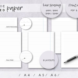 Op de afbeelding: Wit gelijnd papier met verschillende lay-outs, waaronder datumtracking en paginavullende opties. Beschikt over verschillende lijnafstanden: 6 mm, 8 mm, 11 mm en 15 mm. Printbaar in PDF- en JPG-formaten. Bevat een pen en de tekst "BASIC LINED paper".