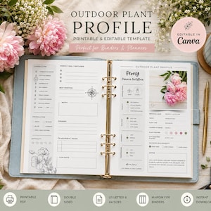Puede incluir: Un planificador de anillas abierto con una plantilla de perfil de planta de exterior. La página incluye secciones para tipo de jardín, propagación, suelo, poda y detalles de plantas como Peonía Paeonia lactiflora. El texto incluye Outdoor Plant Profile, Printable & Editable Template y Editable in Canva.