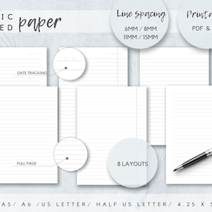 Pacchetto personalizzabile di carta a righe di base stampabile, carta a righe personalizzata, formato A4 A5 A6 US Letter, carta a righe 4,25x5,5 pollici, carta a righe stampabile