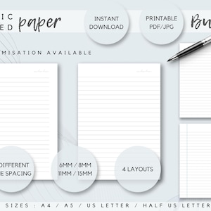 Paquete de papel rayado básico imprimible personalizado, papel rayado personalizado, papel rayado tamaño A4 y A5, papel rayado tamaño carta de EE. UU., papel rayado imprimible