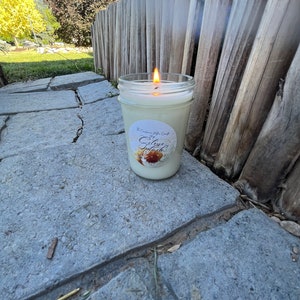 Può includere: Una candela bianca in un barattolo di vetro con un'etichetta bianca che dice "The Company of the Candle" e "Citrus Twist". La candela è accesa e c'è fumo che esce dallo stoppino. La candela è appoggiata su un sentiero di pietra.