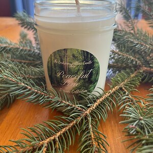 Può includere: Una candela bianca in un barattolo di vetro trasparente con uno stoppino di legno. La candela ha un'etichetta che dice "The  Corkscrew Willow Candle Shop Peaceful Pine Summer Collection".