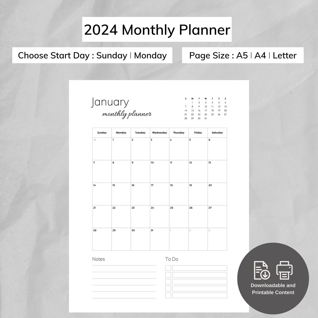 2024 Monthly Plannet I Starts Monday I A5 I Printable I 12 - Etsy UK