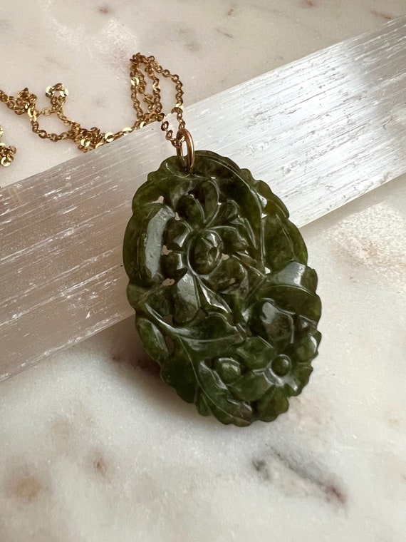 Vintage Carved Jade Pendant with 14k Gold Findings