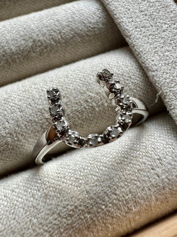 Vintage 14k White Gold Diamond Horseshoe Ring, 14k