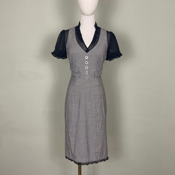 Vintage 90s Karen Millen Black and White Dress, Semi Sheer Pencil Dress, Layered Designer Wool Dress, Knee Dress, Midi Dress, Sz: US 6