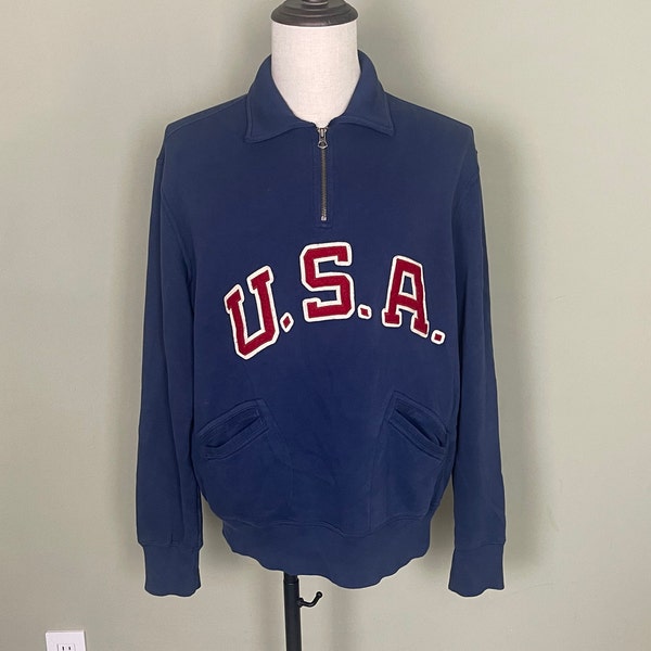 Vintage Polo Ralph Lauren Men's Navy and Red Sweatshirt, USA Olympics Jacket, Blue Quarter Zip Pullover, Vintage Clothing, Size: Large