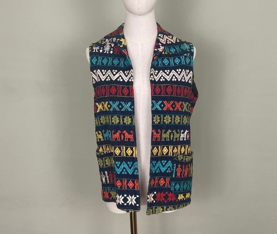 Vintage 1970s Denim Vest, Rainbow Embroidered Gua… - image 1