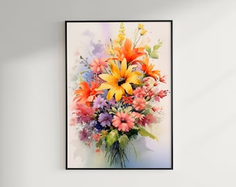 Gift Nature Floral Painting Printable Wall Art Digital Download Watercolor Print Flower Bouquet Abstract Vintage Wildflowers Birth Flowers