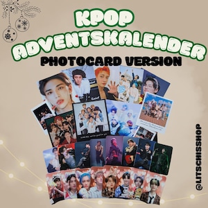 May include: A collection of KPOP Advent calendar photocard versions. The image features various K-pop idols in colorful photos. The text "KPOP ADVENTSKALENDER PHOTOCARD VERSION" is displayed at the top. The shop's Instagram handle is also visible.