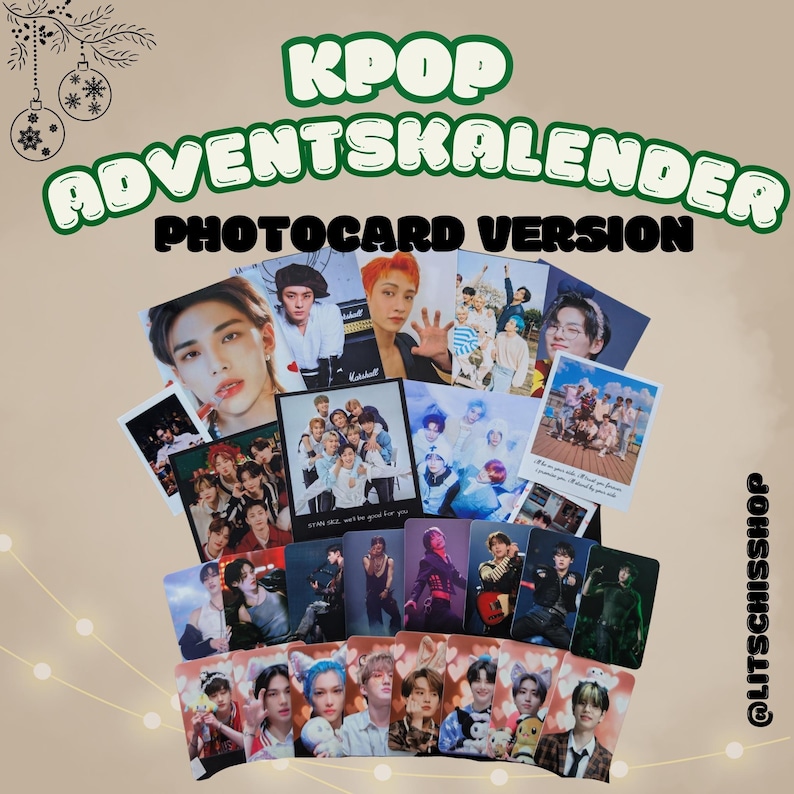 May include: A collection of KPOP Advent calendar photocard versions. The image features various K-pop idols in colorful photos. The text "KPOP ADVENTSKALENDER PHOTOCARD VERSION" is displayed at the top. The shop's Instagram handle is also visible.