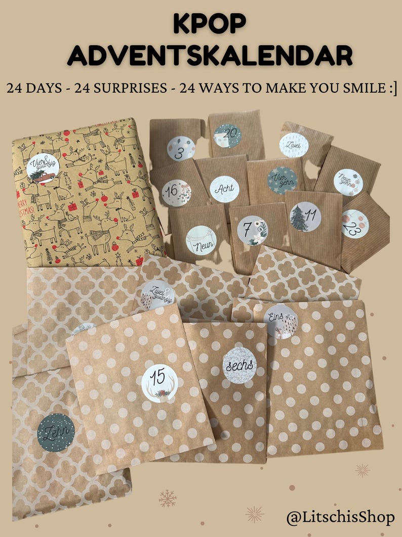 May include: An Advent calendar with the text "KPOP ADVENTSKALENDAR" and the phrase "24 DAYS - 24 SURPRISES - 24 WAYS TO MAKE YOU SMILE :]". The calendar includes numbered paper bags and a wrapped gift, all in shades of brown and white.