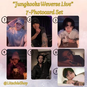Può includere: Un set di sette fototessere con immagini da "Jungkooks Weverse Live". Ogni carta mostra un'immagine diversa del soggetto, in varie pose e ambientazioni. Il set include il testo "7-Photocard Set" e il nome del negozio.
