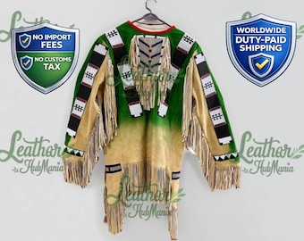 Herren Wildleder Sioux Jacke | Western Fransen Perlen War-Shirt | Native Cowboy Regalia Outfit