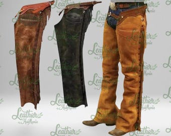 Calças de montaria estilo western masculinas, feitas à mão em couro camurça com franjas.