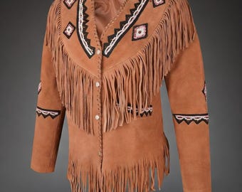 Women’s Suede Fringe Jacket, Native-Inspired Beaded Western Coat