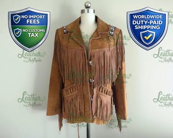 Handgefertigte Wildlederjacke mit Fransen, Perlen Western Cowgirl Stil