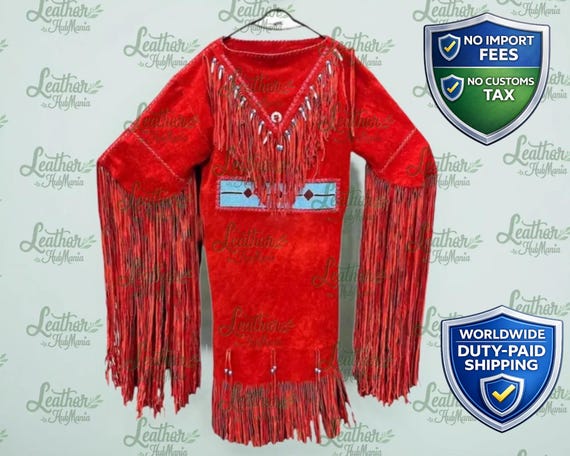 Handmade Suede Leather Powwow Regalia Wedding Dress | Red Western Tribal Fringed Gown