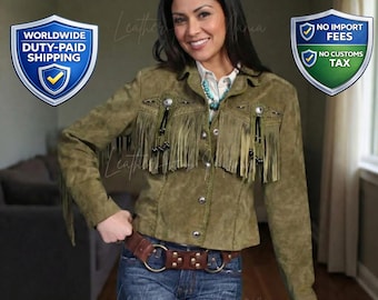 Olivgrüne Wildleder Fringe Jacke | Western - Concho Leder Cowgirljacke