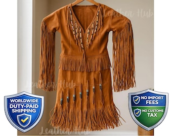 Handgefertigtes Wildleder Fransen Kleid, Perlen Western Hirschleder, Boho Powwow Regalia