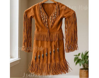 Handmade Suede Fringe Dress, Beaded Western Buckskin, Boho Powwow Regalia